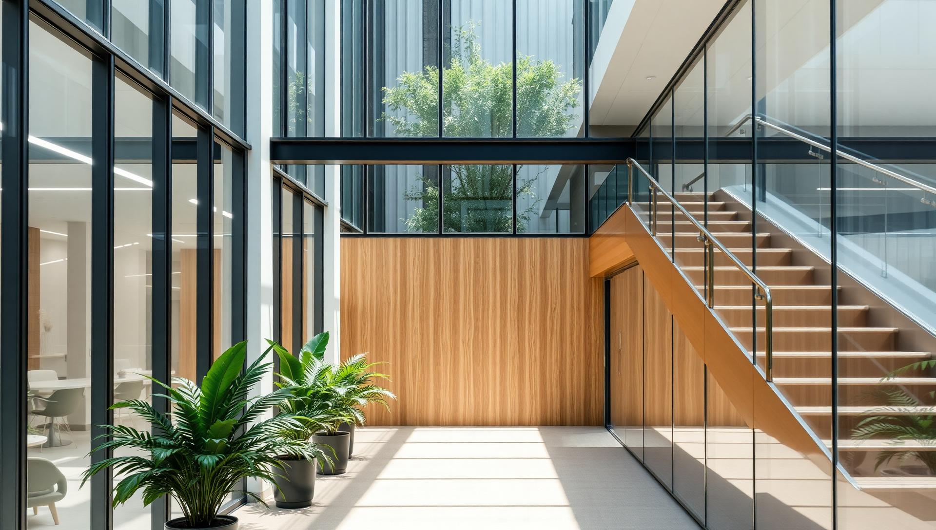 Modern open office with floor-to-ceiling glass and plants